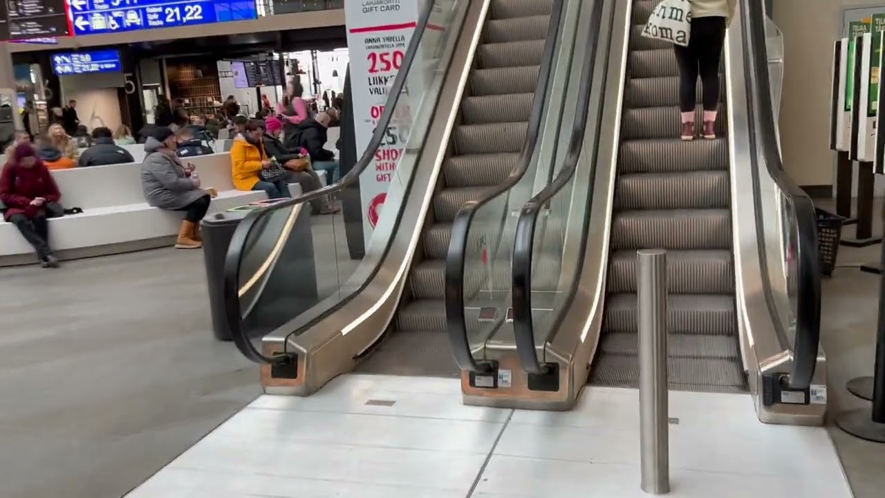 Helsinki, Finland. 8x KONE escalator ride at Mall of Tripla main station concourse area upto gallery