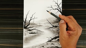 Landscape scenery drawing of dry trees, river and deserted forest step by step with pencil.