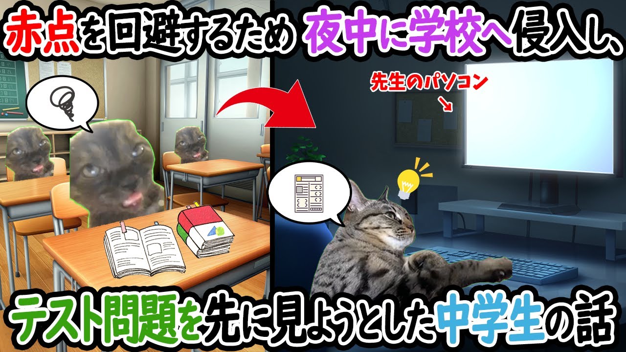 【ほぼ実話】なんとしても赤点を回避するため、夜中に学校に侵入し、テスト問題を先に見ようとした中学生の話【猫ミーム】【猫マニ】