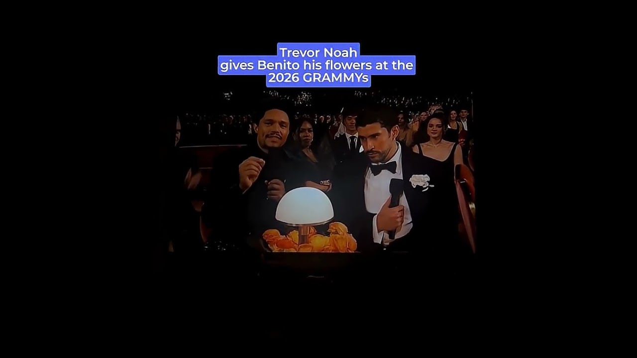 Trevor Noah Gives Bad Bunny His Flowers at the GRAMMYs