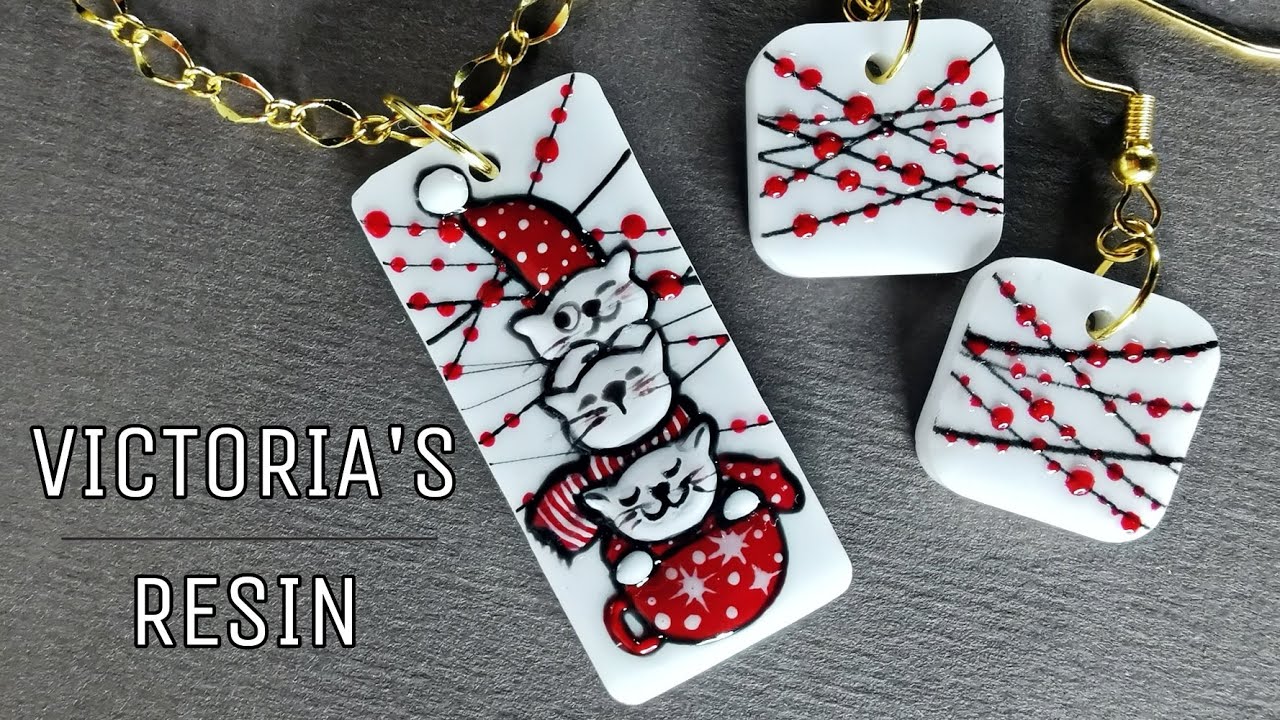 DIY Christmas jewelry set making / funny cats epoxy resin earrings & pendant
