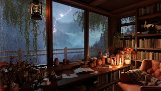 Rain in Cozy Cabin with Rain on Window and Thunder Sounds on Mountains to Relax, Study and Sleep