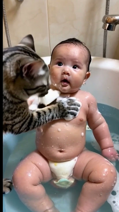 Cat bathes baby #cat #catvideos #cute