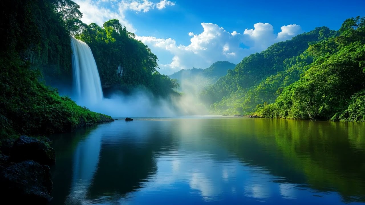 Beautiful Morning Spring 🌿 Relaxing in Beautiful Waterfall with Soft Piano Music to Get Energy