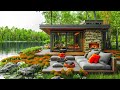 Relaxing spring coffee shop by the lake with sweet jazz instrumental music  smooth background music
