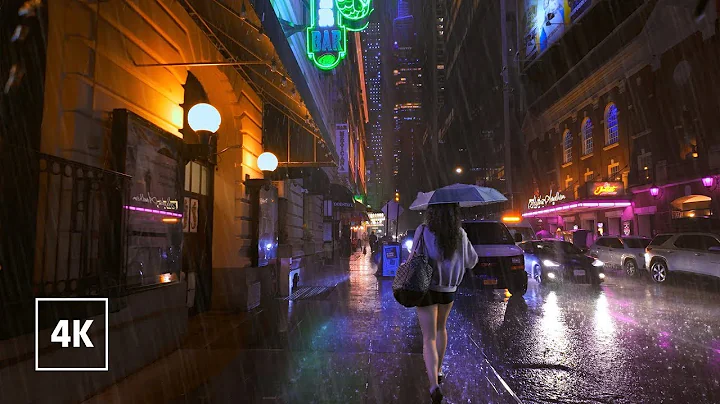 ASMR 4K: Nighttime NYC Thunderstorm Walk with Umbrella - Binaural 3D Rain Sounds
