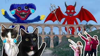 24 horas con Huggy Wuggy y el puente del Diablo en la vida real / Videos de gatos Luna y Estrella