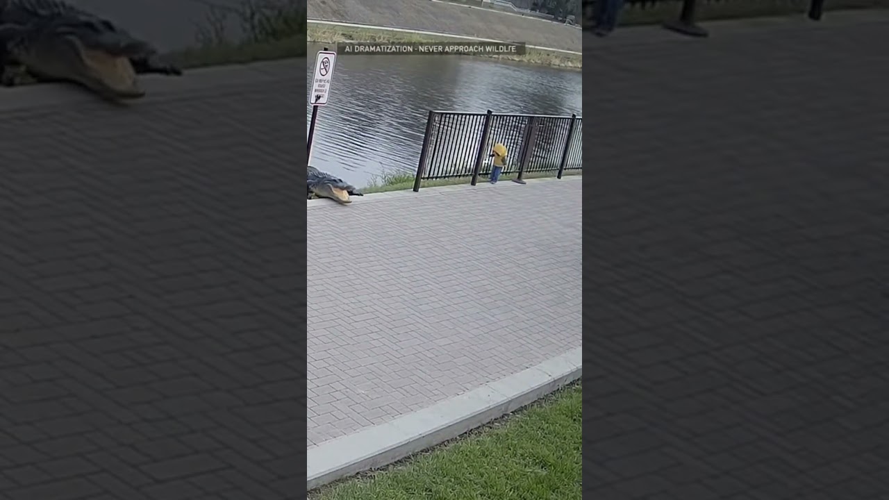 Riverwalk Cam: Gator Approaches, Stops Short—Pit Bull at Heel; Child Guided Back [SORA AI]