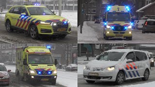 Rotterdam Ems And Advanced Trauma Team During Heavy Snowfall With Lights And Sirens