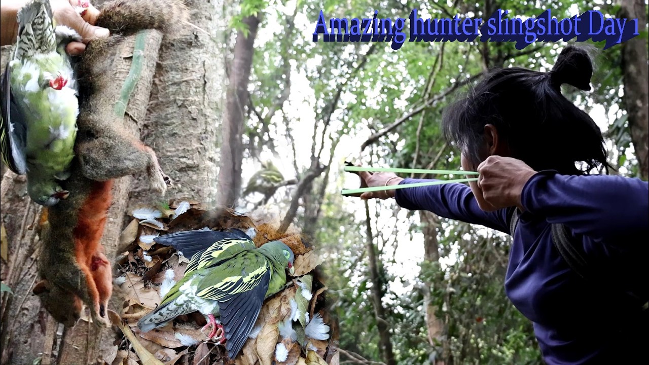 An amazing hunting feat using a slingshot  สาวดอย ล่านกและกระรอก Day 1