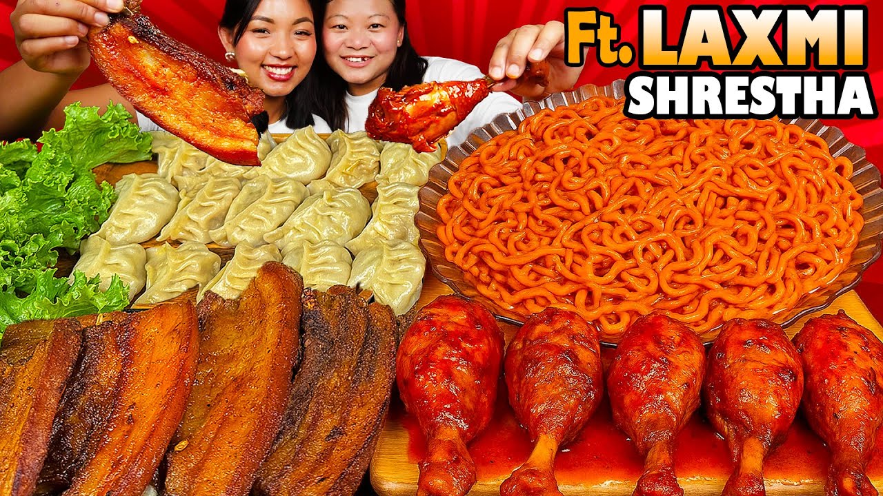 She Finally Joined Me! @laxmishrestha x Chicken Adobo, Pork Ribs, Momo & 3x Spicy Ramen Mukbang🔥