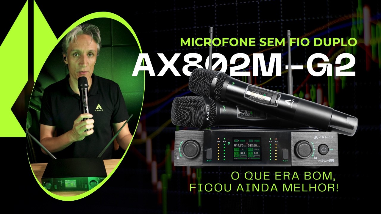 Microfone Sem Fio Profissional Duplo Armer AX802M G2 com Maleta