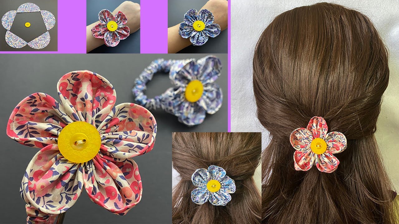 How to Make Fabric Flower | Scrunchie Button  Daisy Flower Bracelet / Hair Tie | Pulseira de flores