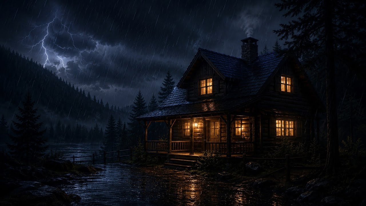 Deep Thunderstorm Night 🌩️ Heavy Rain on Cozy Cabin Roof for Sleep ...