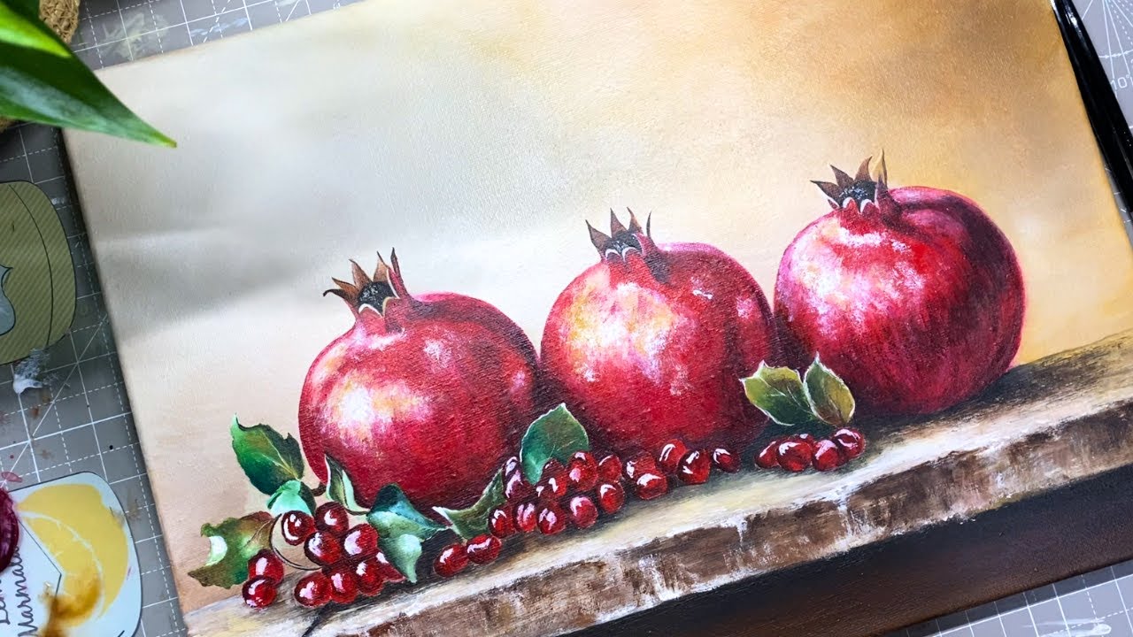 Acrylic Pomegranate Still Life | Realistic Fruit Painting Step by Step ...