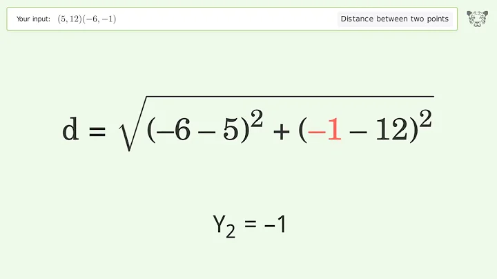 Find the distance between two points p1 (5,12) and p2 (-6,-1): Step-by-Step Video Solution