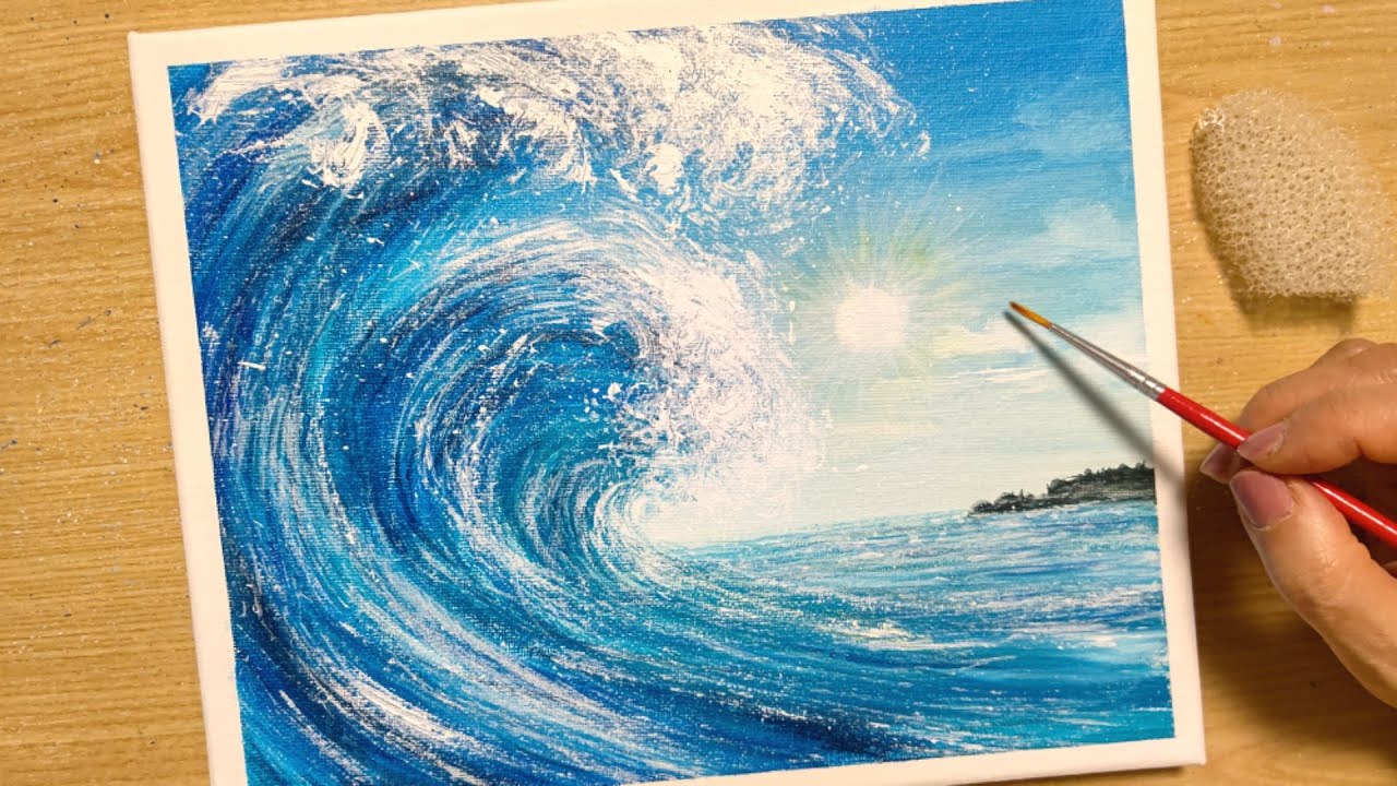 How To Draw Waves With Acrylic Paint Blue Sea And Sky Acrylic Painting Step By Step Youtube