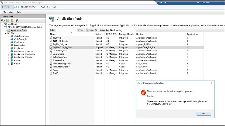 Unsolved: Asp.Net Core Server hangs SQL Server and Application Pool. Restart Application Pool SQL