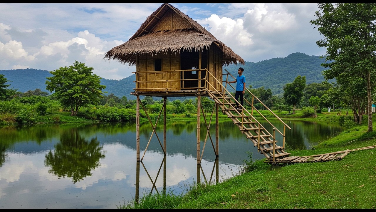 Alone built a bamboo house in the middle of the river to catch fish and ...