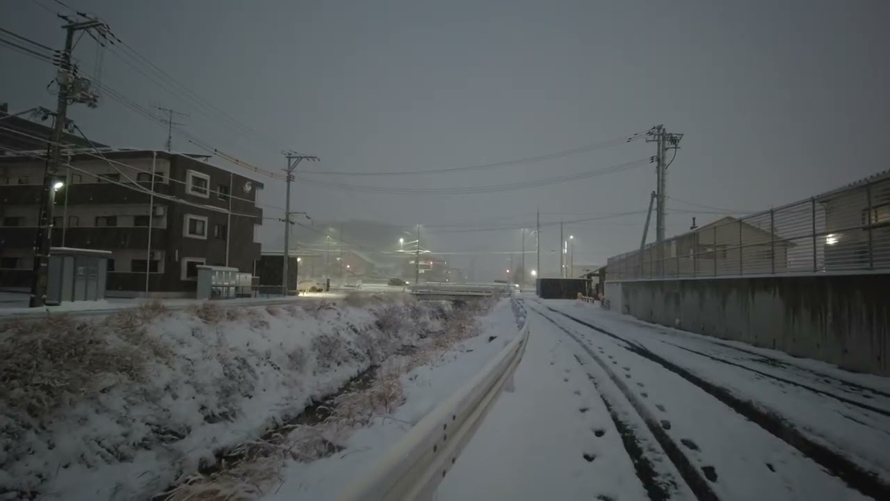 Snowy Riverside Evening Walk in Higashihiroshima, Japan | Natural Ambient Sound