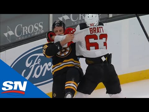 Brad Marchand And Jesper Bratt Slam Into The Ice At End Of Scrap