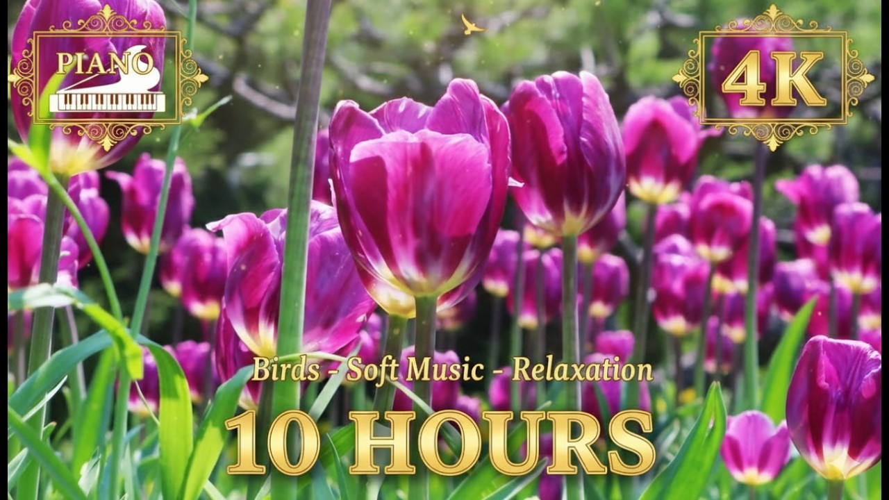 10 Hours of  Purple Tulip Field Ambience 🌷 Relaxing Piano & Birds Chirping for Study/Focus (4K)