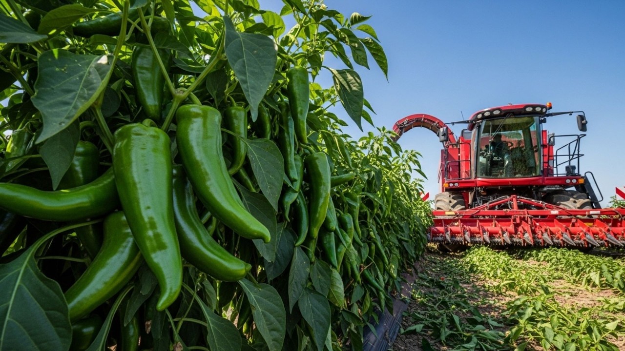 Выращивание зеленого перца чили изнутри: механизированная уборка урожая и переработка.