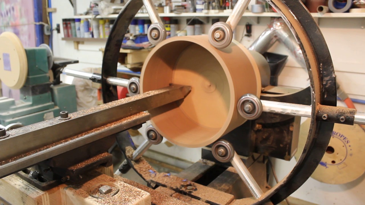 Turning a stave snare drum shell on a wood lathe