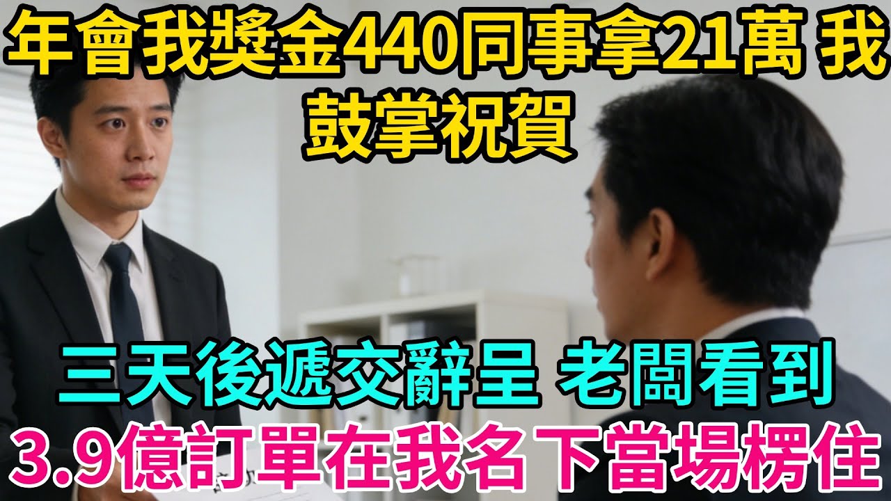 年會我獎金440同事拿21萬，我鼓掌祝賀，三天後遞交辭呈，老闆看到3.9億訂單全在我名下當場楞住【奇譚異聞錄】