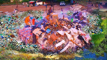 Amazing Next Step Working! Clearing Garbage Dump and Delete Trash Into Water By Skills Dozer Pushing