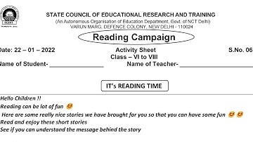 Worksheet 6 CLASS 6 TO 8 English (Reading Campaign) Activity Sheet Date 22/01/2022