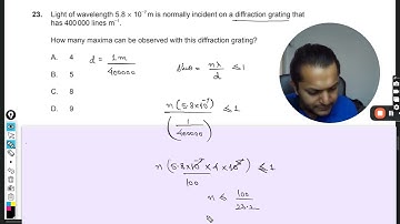 Licht met een golflengte van 5,8 × 10-7 m valt normaal gesproken op een diffractierooster met 400...