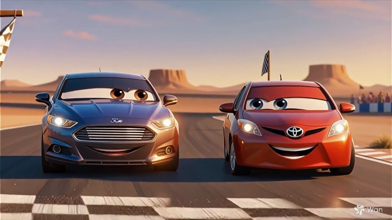 Animated Rivalry: Persona Cars Racing on Desert Track