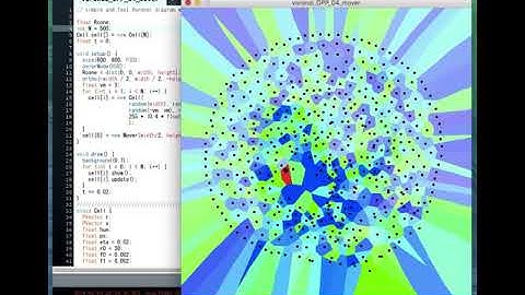 Interacting particles moving displayed by the Voronoi diagram style