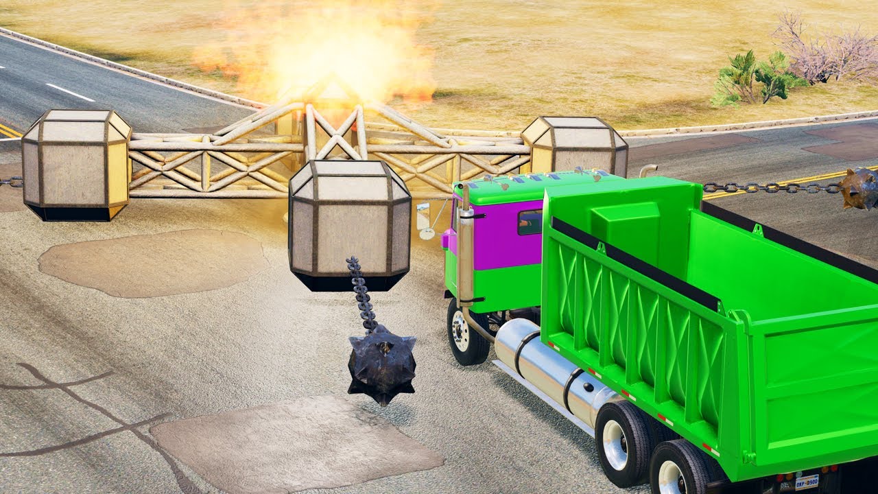 Trucks VS Chained Spinners with Fire Bus, Truck and Car on Giant