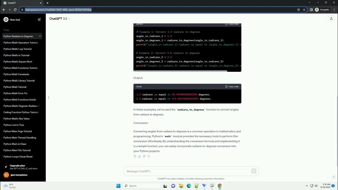 python math radians to degrees - YouTube
