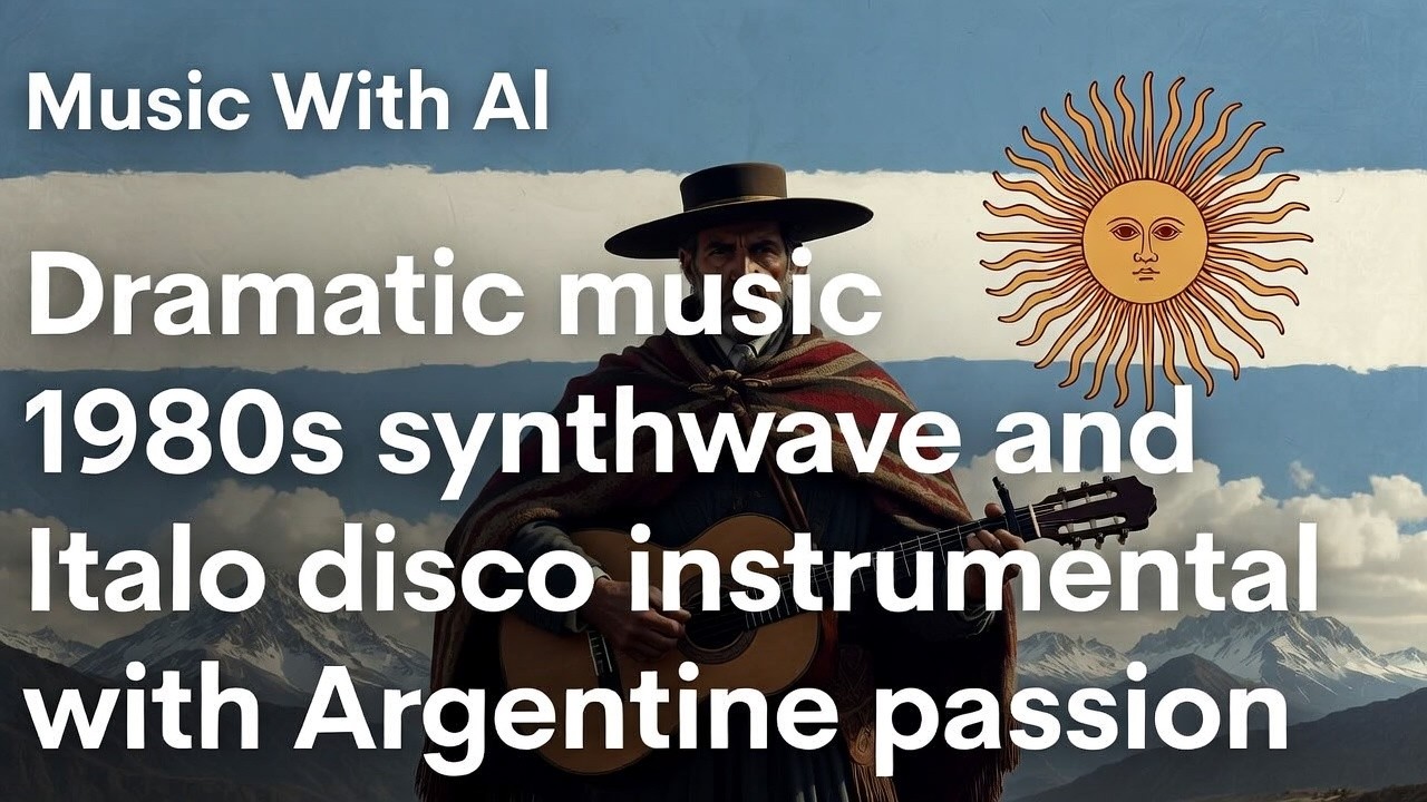 Dramatic music 1980s synthwave and Italo disco instrumental with Argentine passion / Powered by Al