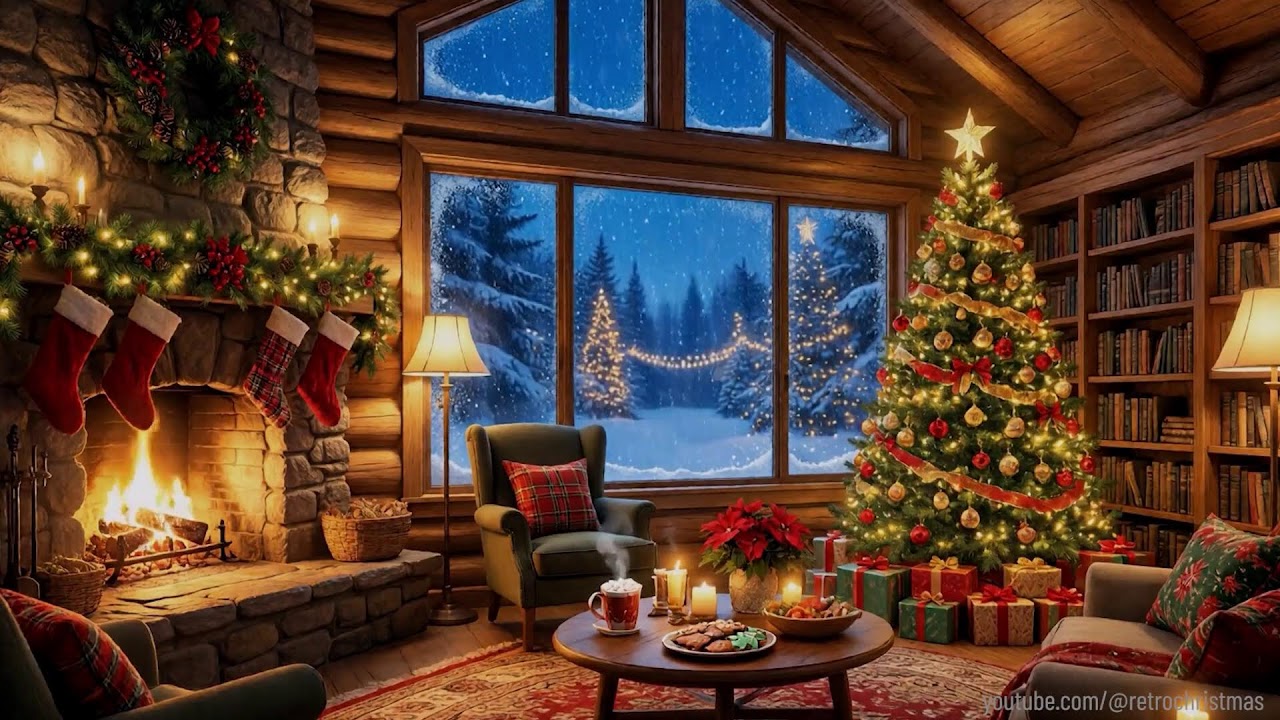 🔥 Relaxing Fireplace 🔥 Cozy Winter Evening ❄️ Soothing Jazz ❄️ Snow Falling