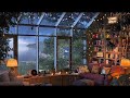 Glass house home library room with rain and thunder sounds study asmr live 24  7