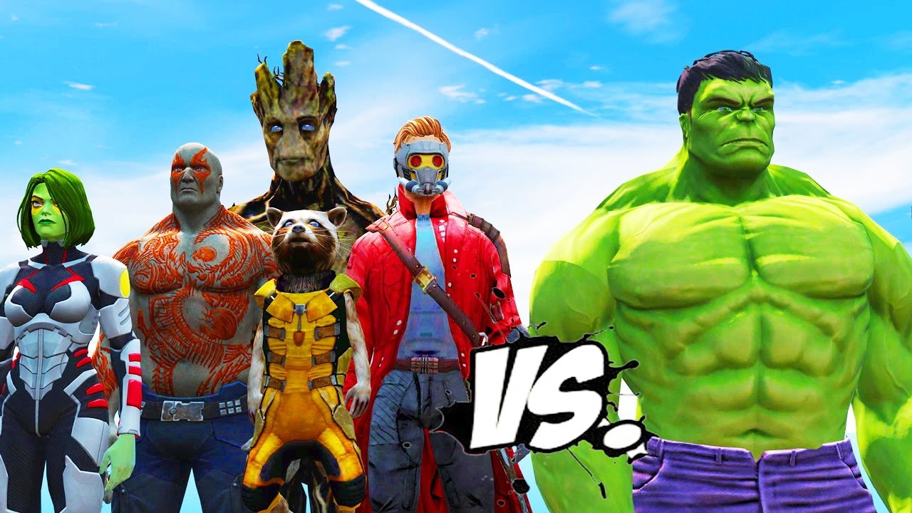 the hulk vs guardians of the galaxy star lord drax groot gamora