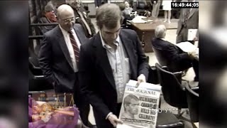 Jeffrey Dahmer holding newspaper of him on front cover/defense arriving/jury arriving in van