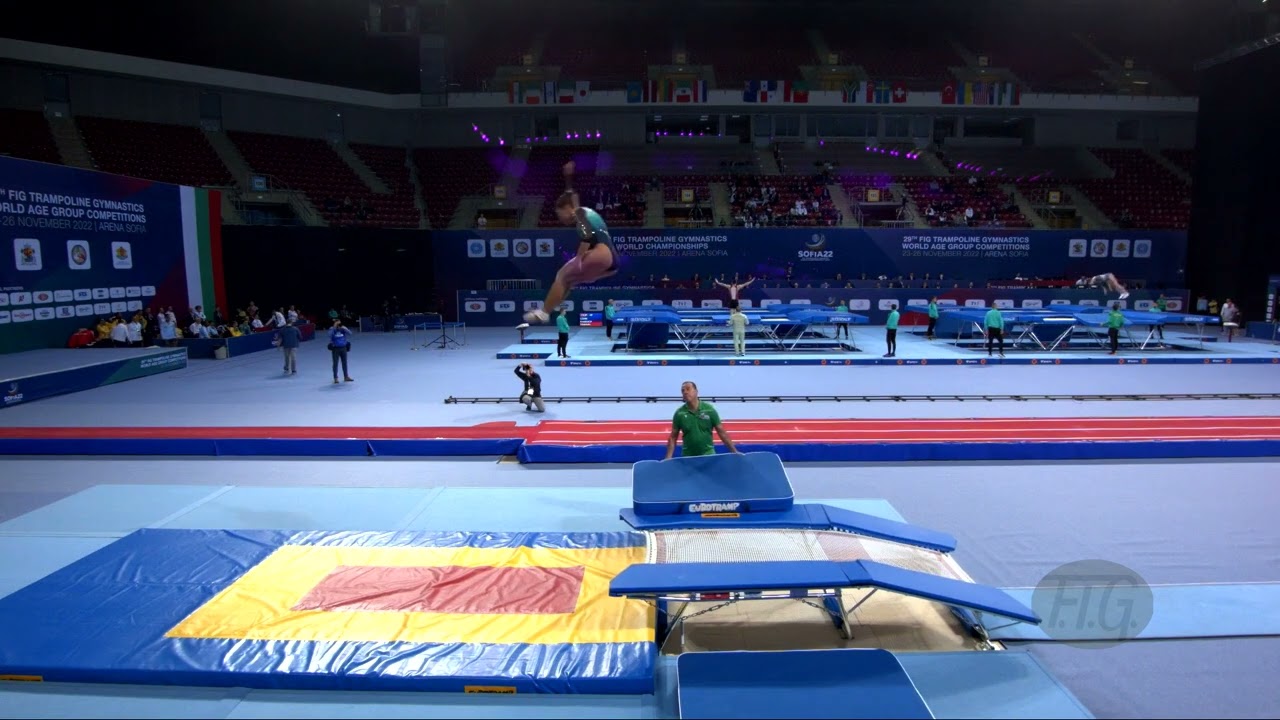 Youtube video: CARVALHO Maria (POR) W - 2022 Trampoline Worlds, Sofia (BUL) - Q Double Mini Exercise 1
