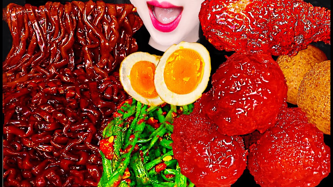 ASMR Fried Chicken, Kimchi, Noodles 양념 치킨 닭다리 파김치 짜장 라면 먹방 Mukbang, Eating