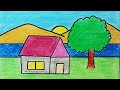 Landscape drawing for kids  house and nature drawing