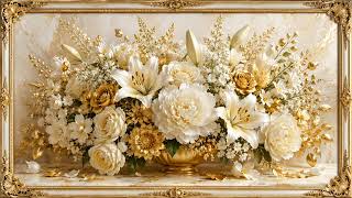 4K Luxury Home Decor | Elegant Floral Background. Gold and White Flowers Screensaver