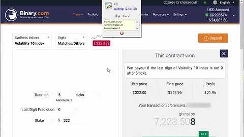 REAL ACCOUNT +$1500 USD Automated Trading Binary.com Volatility (Digits Differs) 13 April 2020