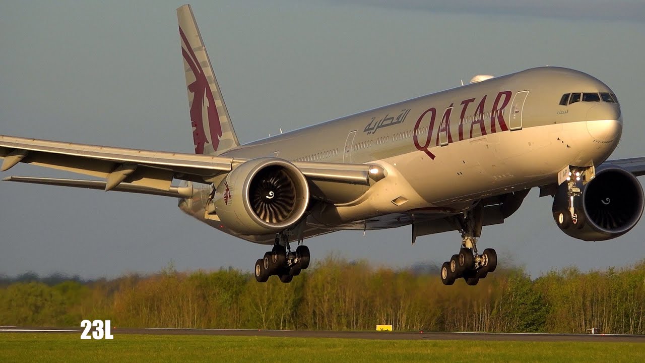 Stunning A7-BAP Boeing 777-3DZ ER Qatar Airways QR21 Arriving In Manchester On Runway 05R From Doha