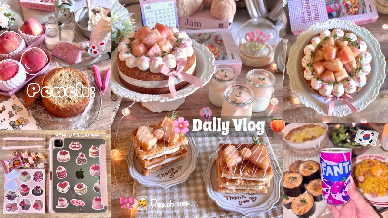 【Vlog】桃スイーツでおうちをピンク色に🍑💖｜従姉妹とプチ韓国パーティ🇰🇷｜お菓子作りをこよなく愛す一人暮らし社会人の日常👩‍🍳[English Sub]