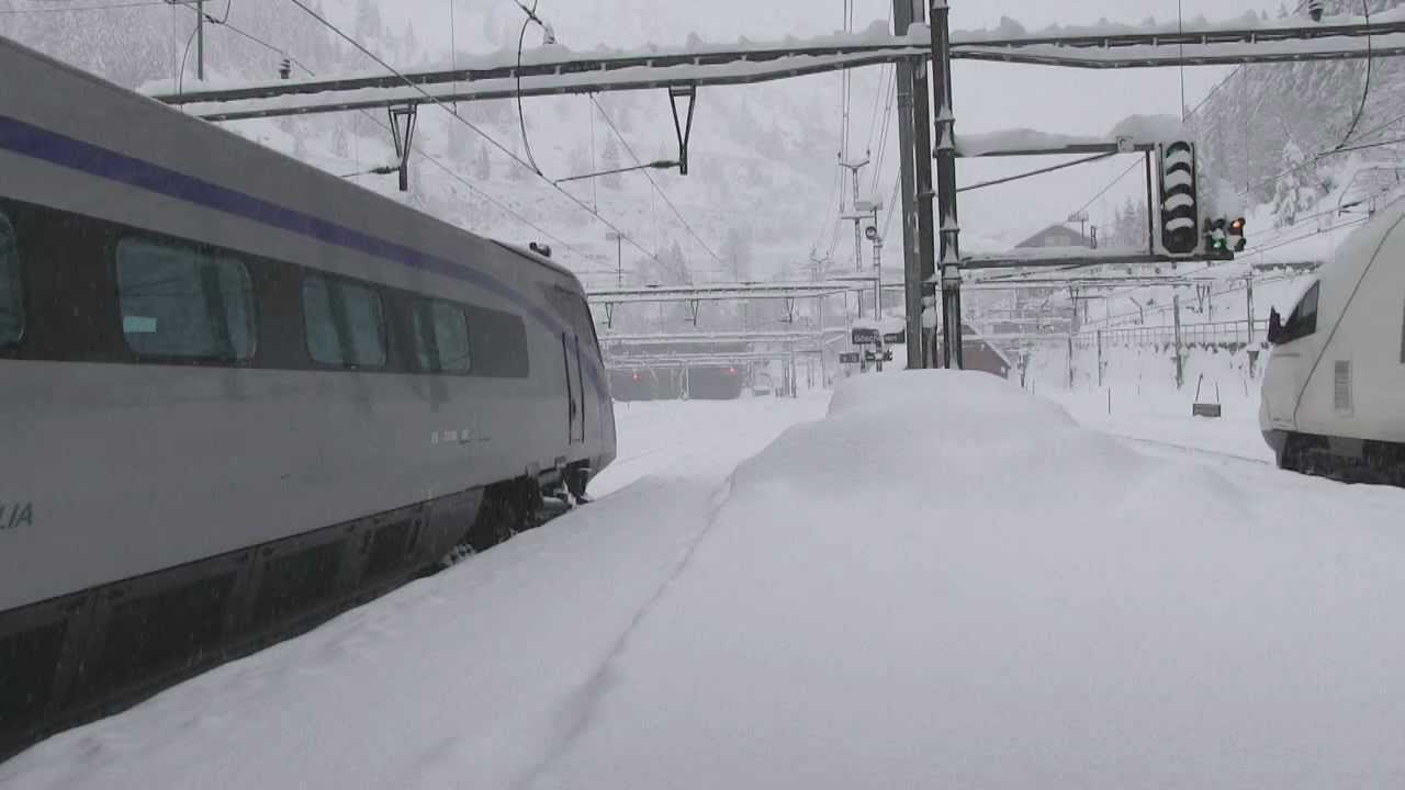 SBB Trains in the wintertime at Goeschenen Gotthard-north-tunnel Part 3