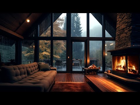 Rainy Day in Autumn Afternoon Cabin Ambience with Soothing Piano Jazz for Relax, Stress Relief
